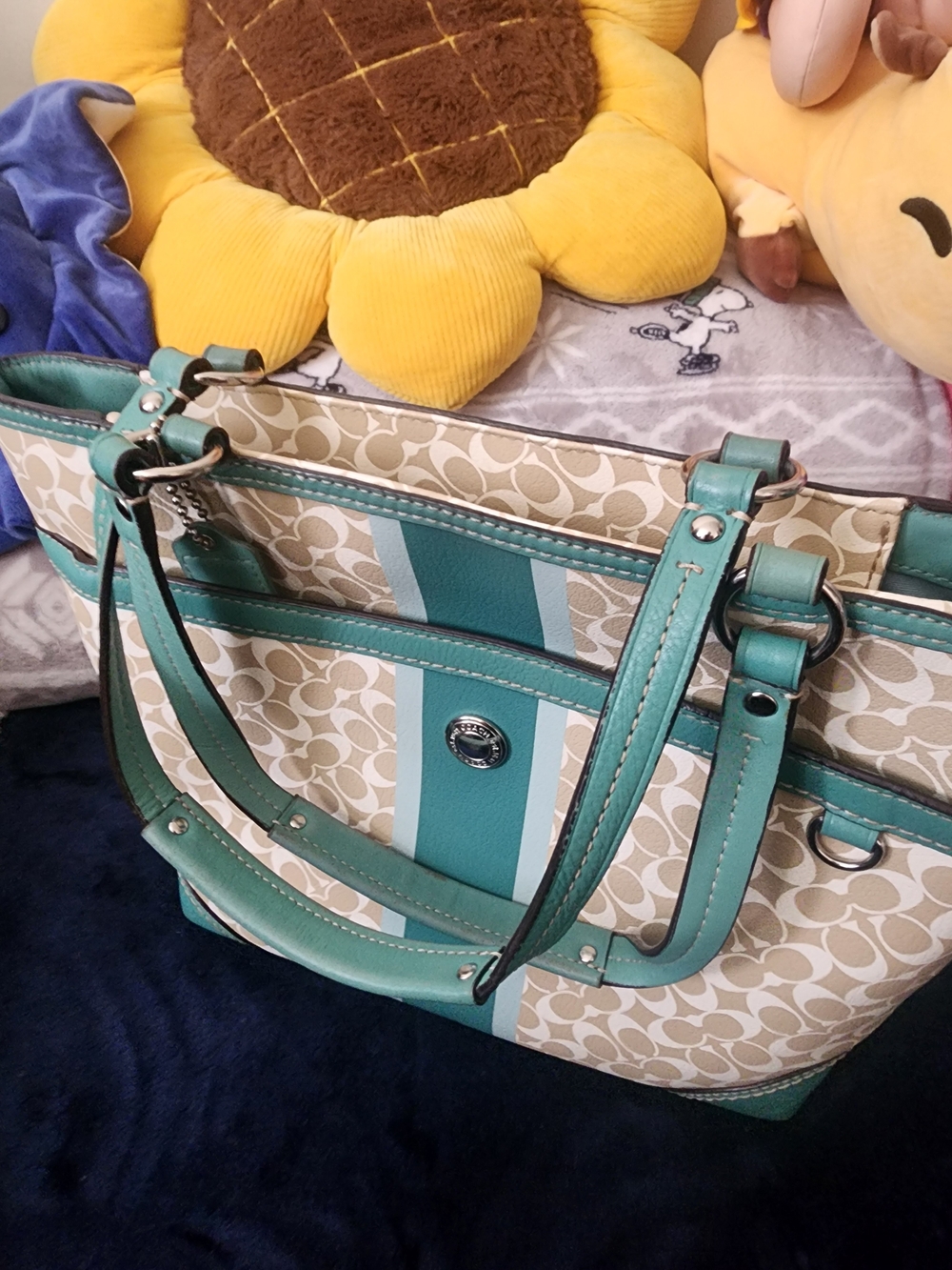 Coach Chelsea Heritage Stripe Signature Tote Bag Khaki Teal F15137 - Picture 7 of 8